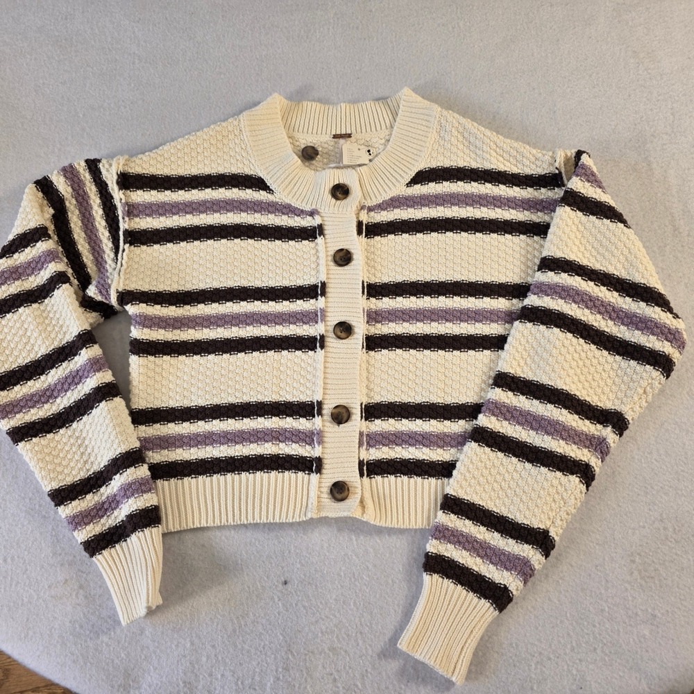 Free People Ivory Combo Striped Popcorn Knit Cropped Cardigan Sweater Small NEW